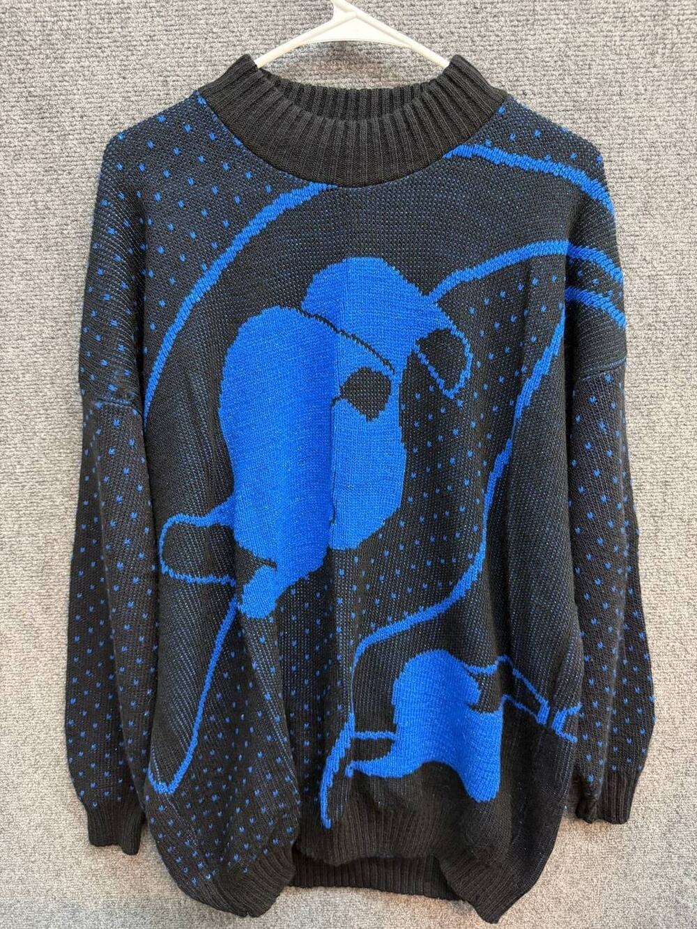 Distinctly Different Women's XL Black Blue Abstract Knit Pullover Sweater